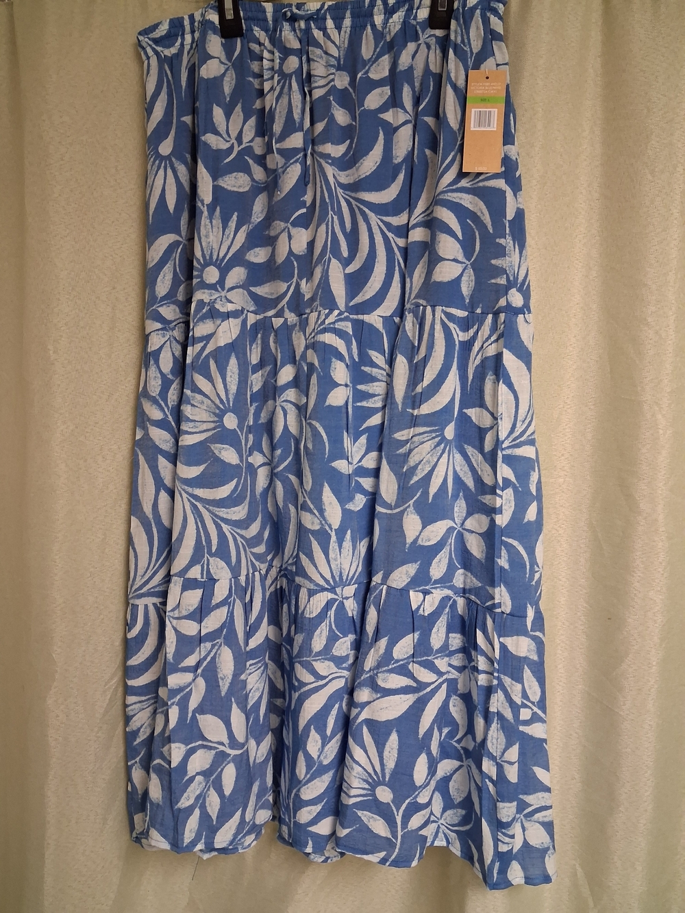 Blue and White Floral Tiered Maxi Skirt - Elastic Waist